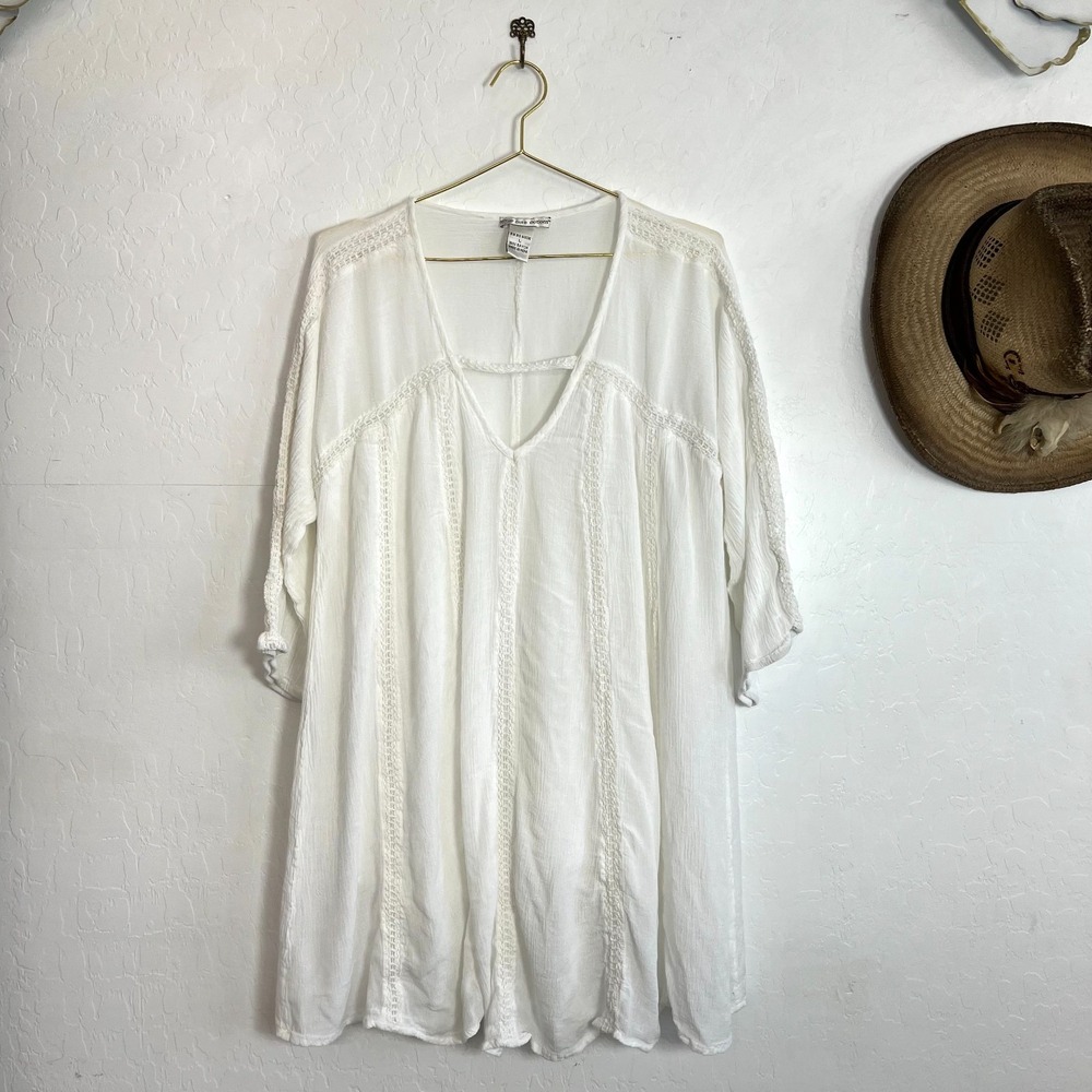 Cute Options White Crochet Lace Boho Tunic Dress Rayon V-Neck Women's Size Large